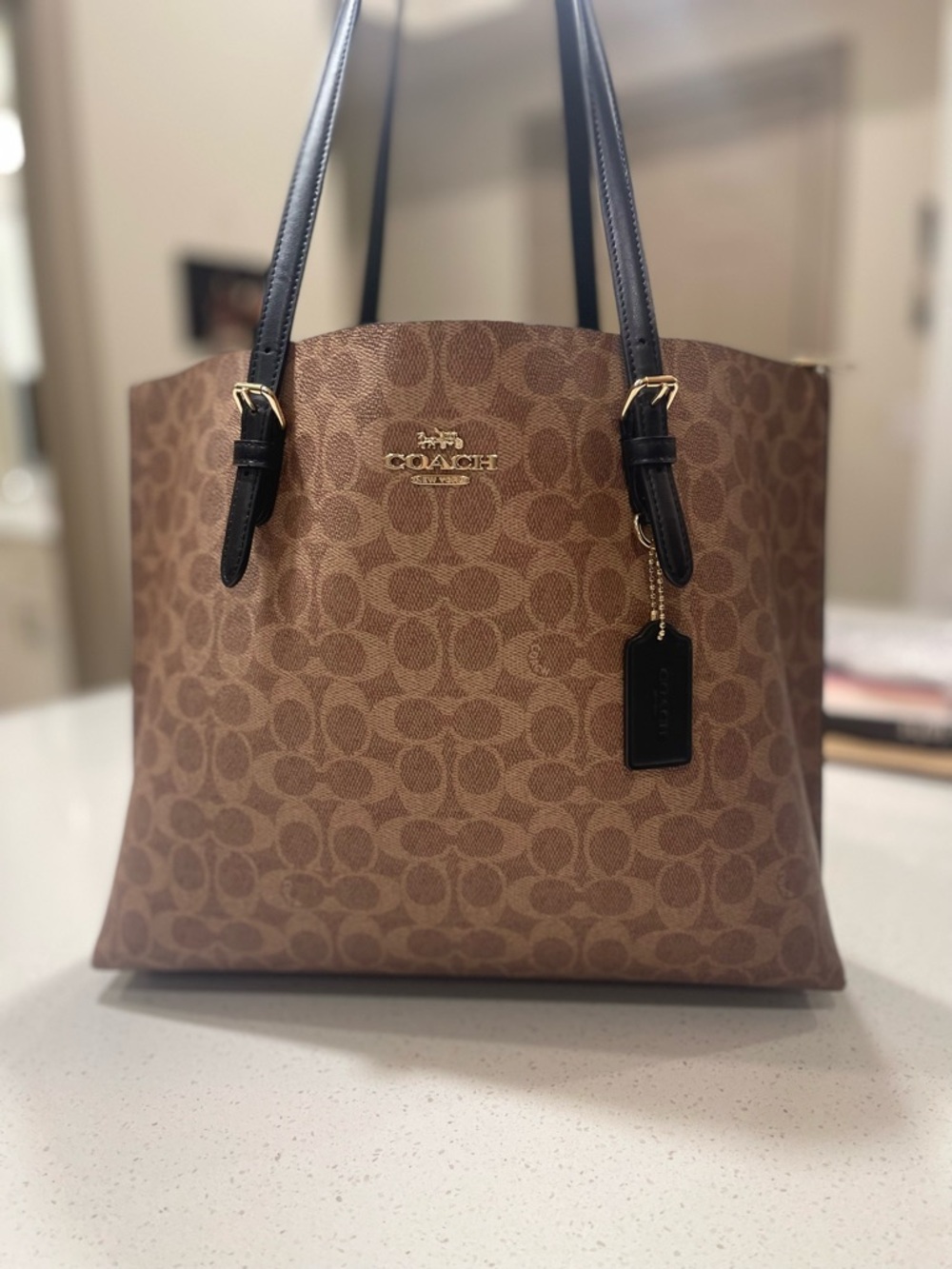 Coach Brown Signature Canvas Tote with Black Leather Straps